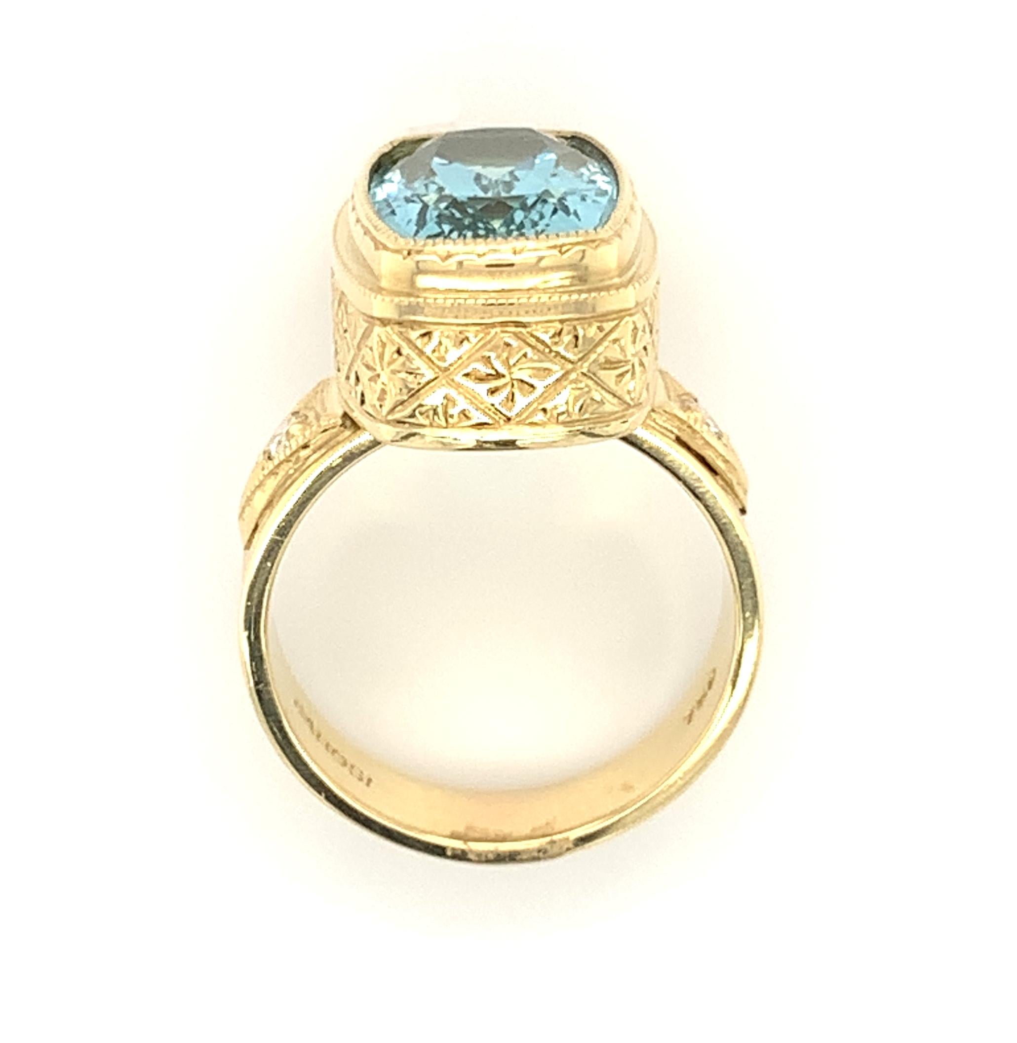 6.33 Carat Cushion Cut Aquamarine, Diamond Handmade Yellow Gold Bezel Band Ring In New Condition In Los Angeles, CA