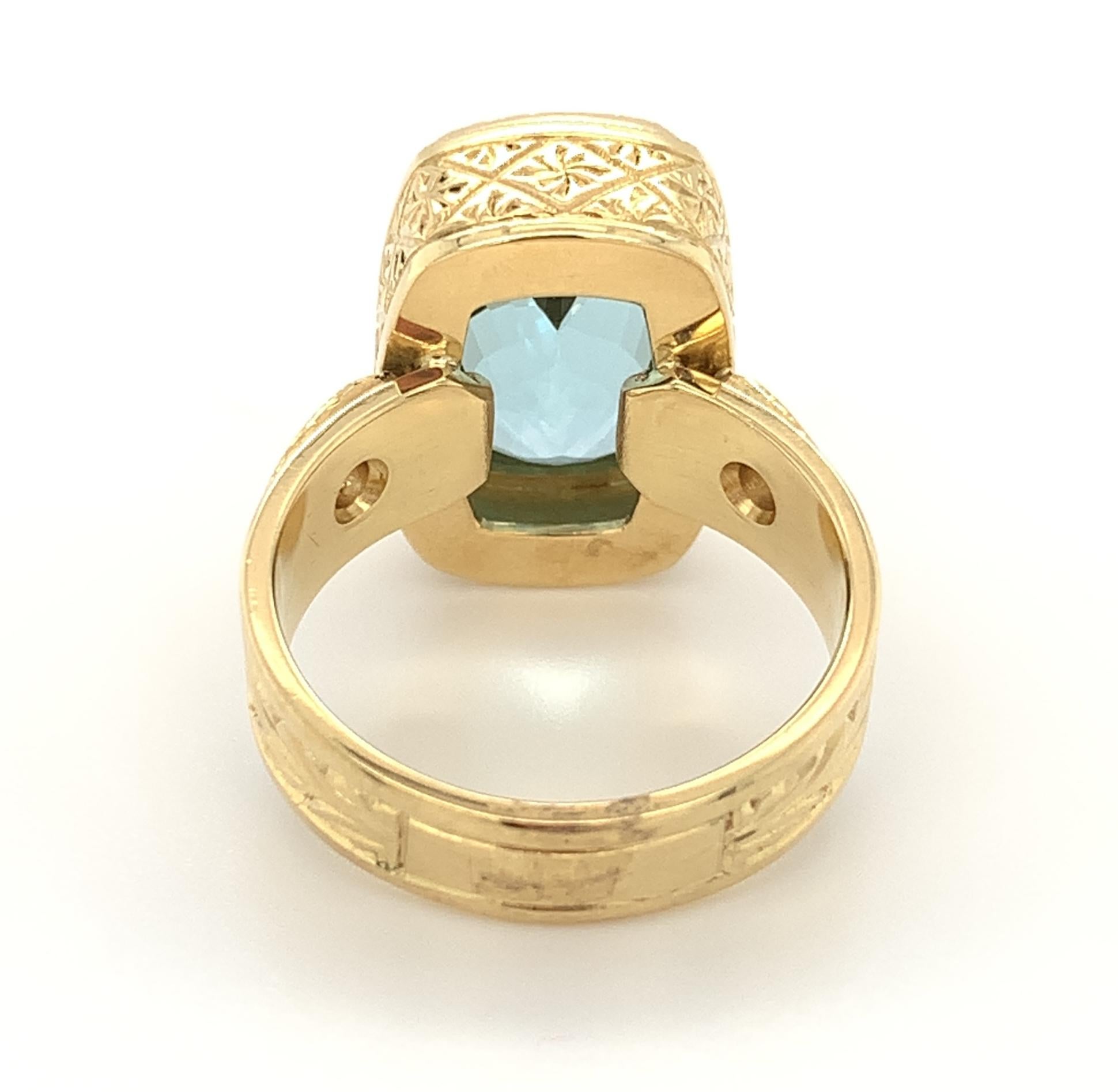 Women's or Men's 6.33 Carat Cushion Cut Aquamarine, Diamond Handmade Yellow Gold Bezel Band Ring