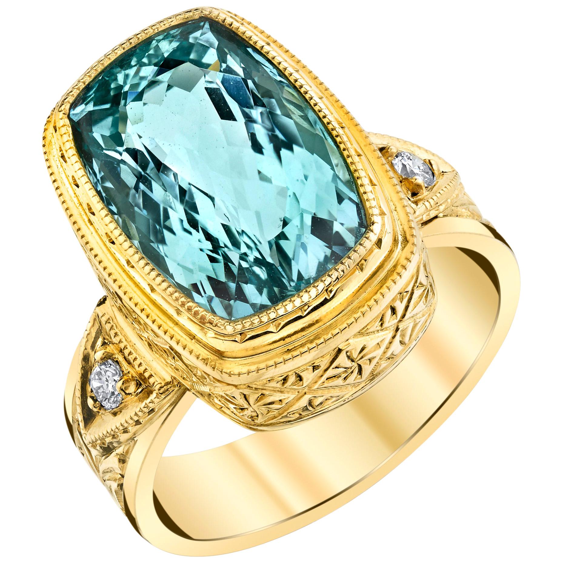 6.33 Carat Cushion Cut Aquamarine, Diamond Handmade Yellow Gold Bezel Band Ring