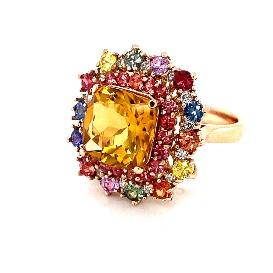 6.33 Carat Cushion Cut Citrine Diamond Sapphire Rose Gold Cocktail Ring In New Condition In Los Angeles, CA
