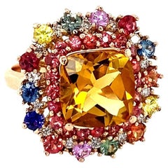 6.33 Carat Cushion Cut Citrine Diamond Sapphire Rose Gold Cocktail Ring
