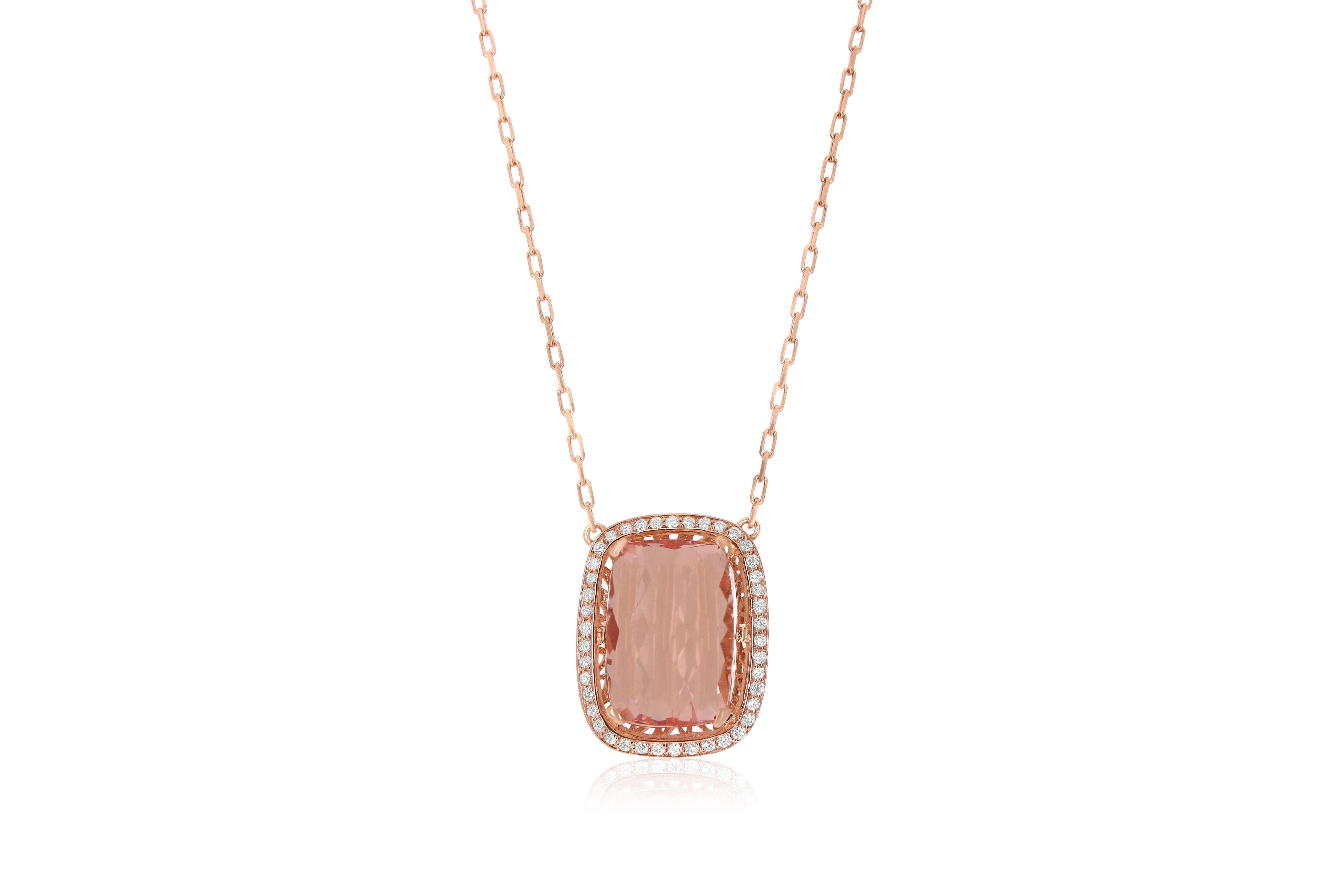 Material: 14k Rose Gold 
Center Stone Detail:  1 Cushion Cut Pink Morganite at 6.33 Carats- Measuring 14 x 10 mm
Stone Details:  42 Round White Diamonds at 0.30 Carats - Clarity: SI / Color: H-I
Length:  18 Inches

Fine one-of-a-kind craftsmanship