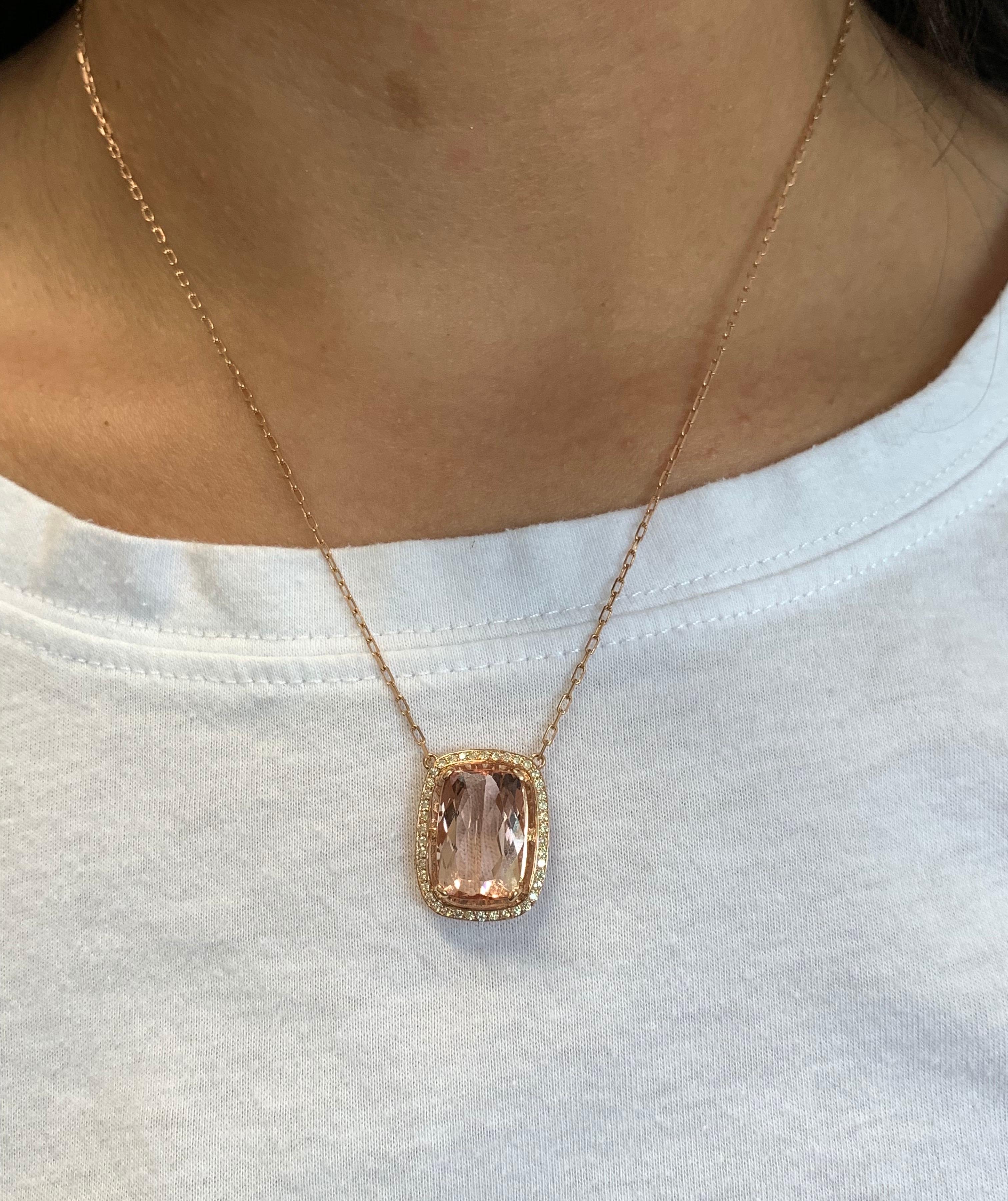 Cushion Cut 6.33 Carat Pink Morganite and Diamond Pendant