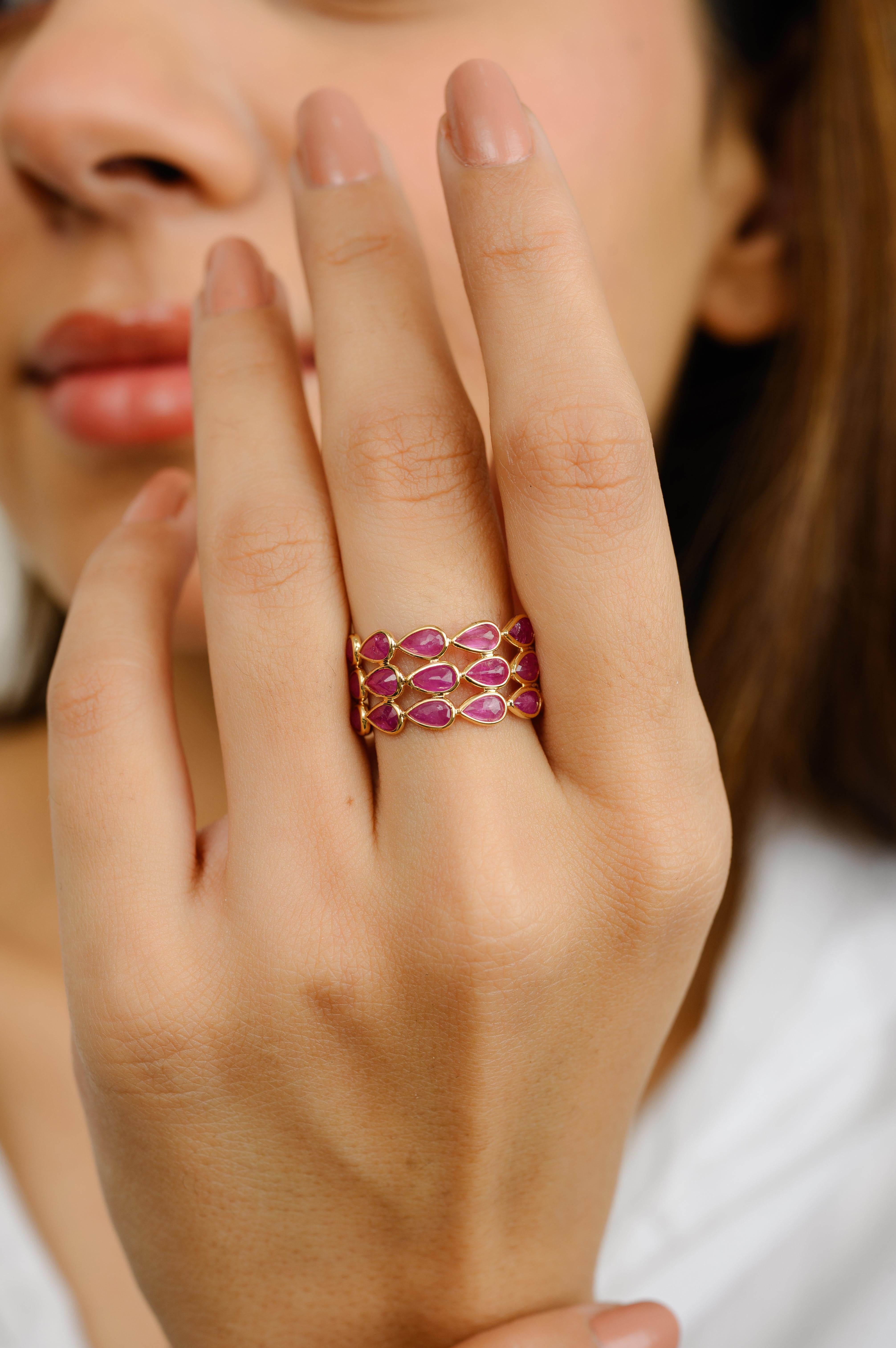 For Sale:  6.33 Carat Natural Ruby Triple Row Band in 18k Solid Yellow Gold 2