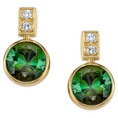 6.33 Carat Total Green Tourmaline Diamond 18K Yellow Gold Post Earrings
