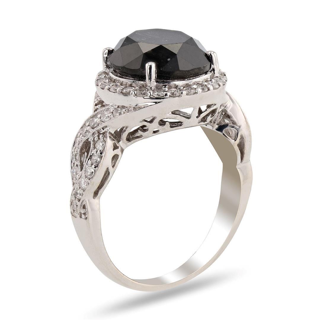 Brilliant Cut 6.33 Ct Black Diamond 14K White Gold Ring For Sale