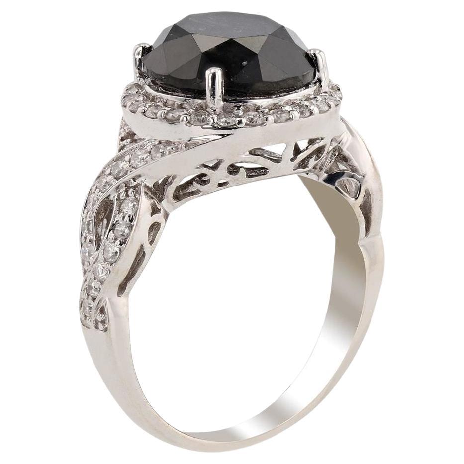 6.33 Ct Black Diamond 14K White Gold Ring For Sale