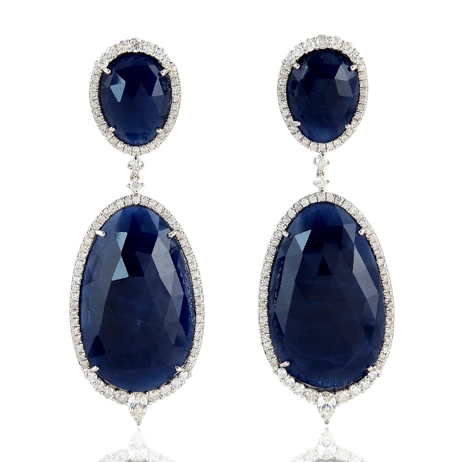 Modern 63.31 Carat Blue Sapphire Diamond 18 Karat Gold Earrings For Sale