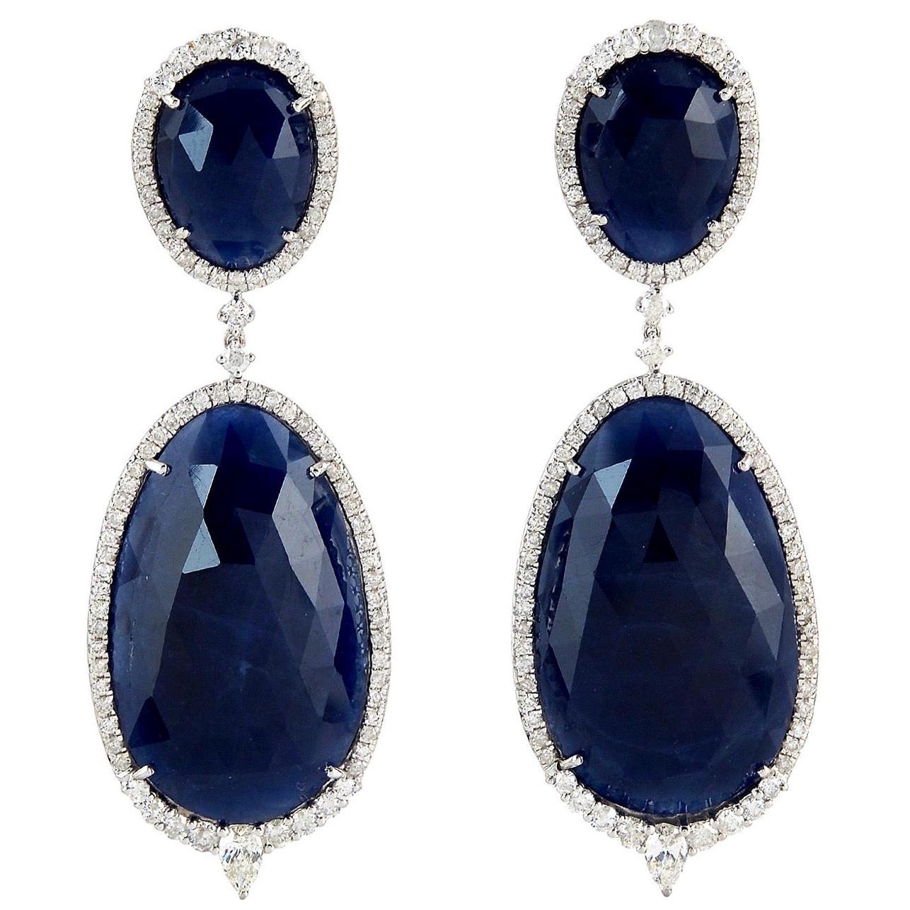 63.31 Carat Blue Sapphire Diamond 18 Karat Gold Earrings For Sale