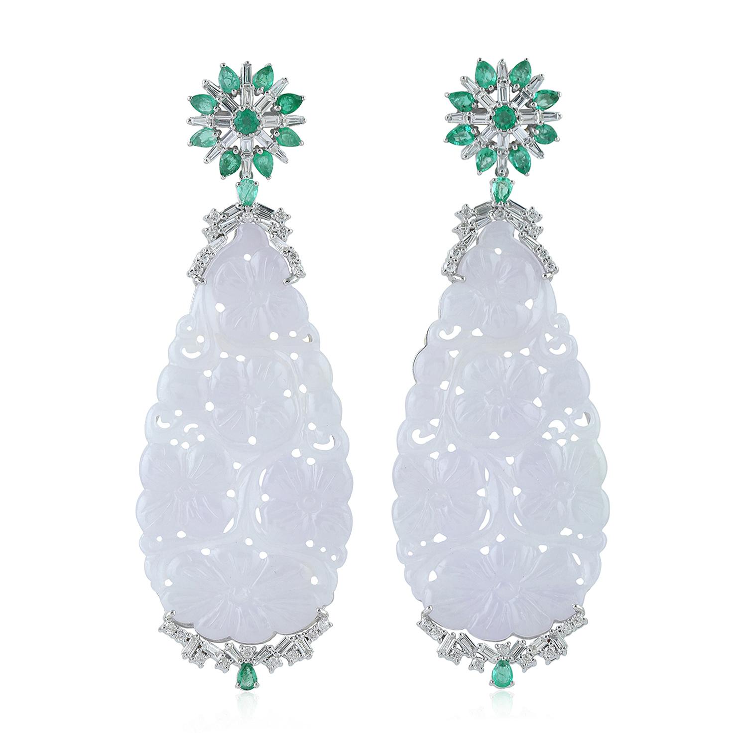 Mixed Cut 63.35 Carved Jade Emerald 18 Karat Gold Diamond Earrings For Sale