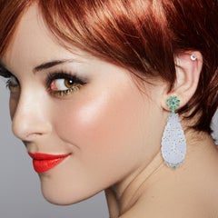 Carved Lavender Jade Dangle Earrings With Emerald & Diamonds In 18k White Gold
