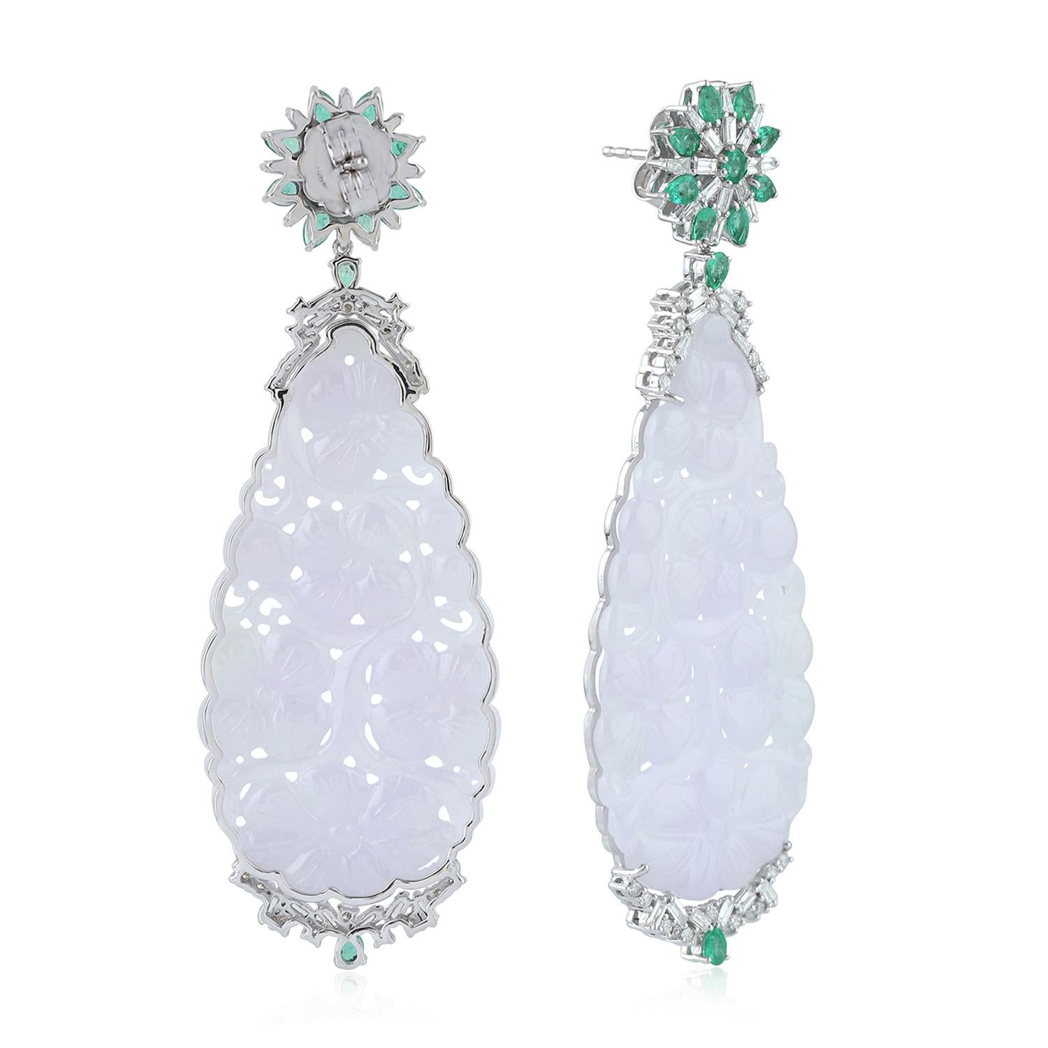 Contemporary Carved Lavender Jade Dangle Earrings With Emerald & Diamonds In 18k White Gold For Sale
