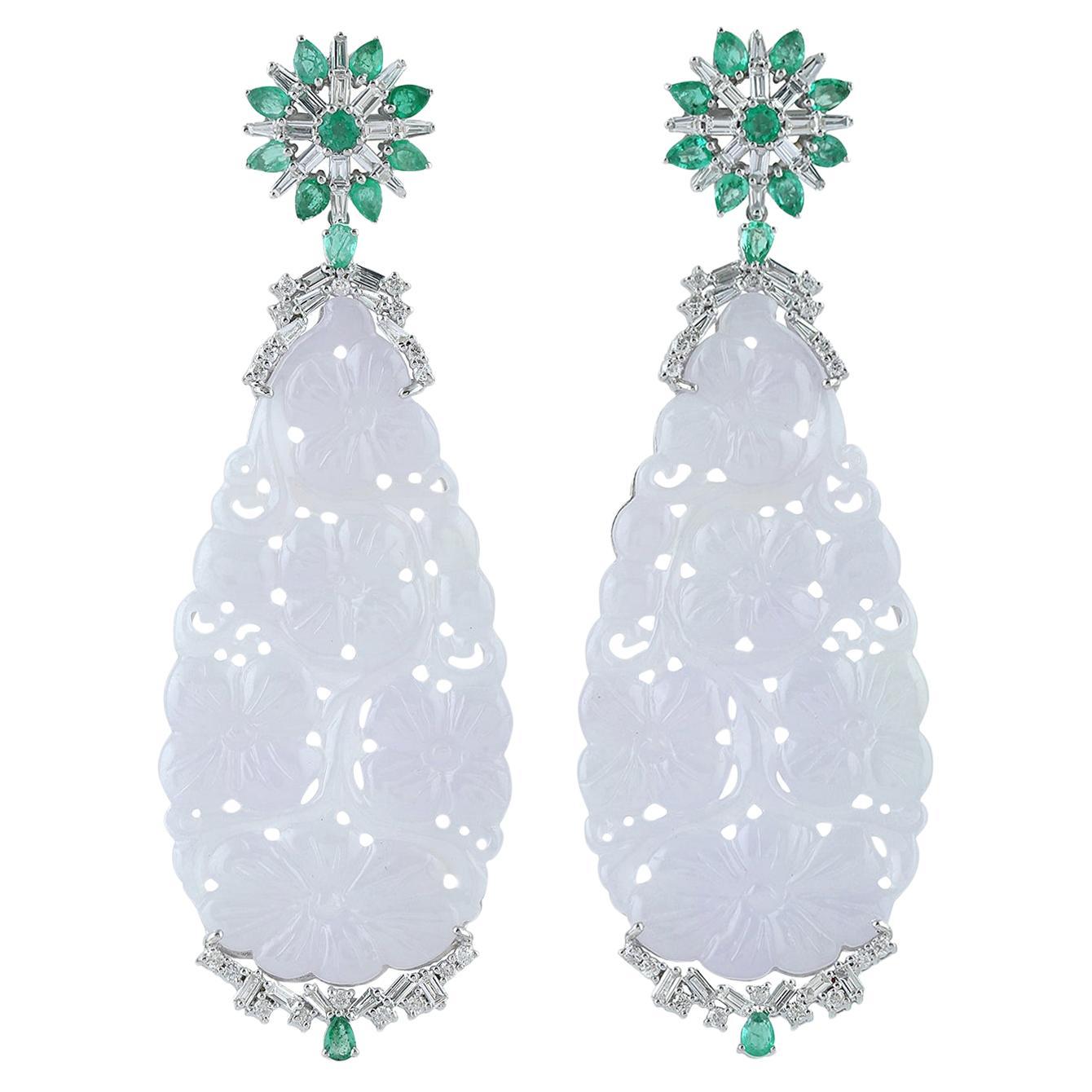 Carved Lavender Jade Dangle Earrings With Emerald & Diamonds In 18k White Gold For Sale