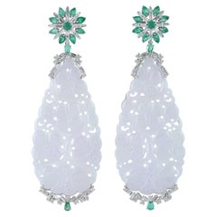 63.35ct Carved Jade Dangle Earrings With Emerald & Diamonds In 18k White Gold
