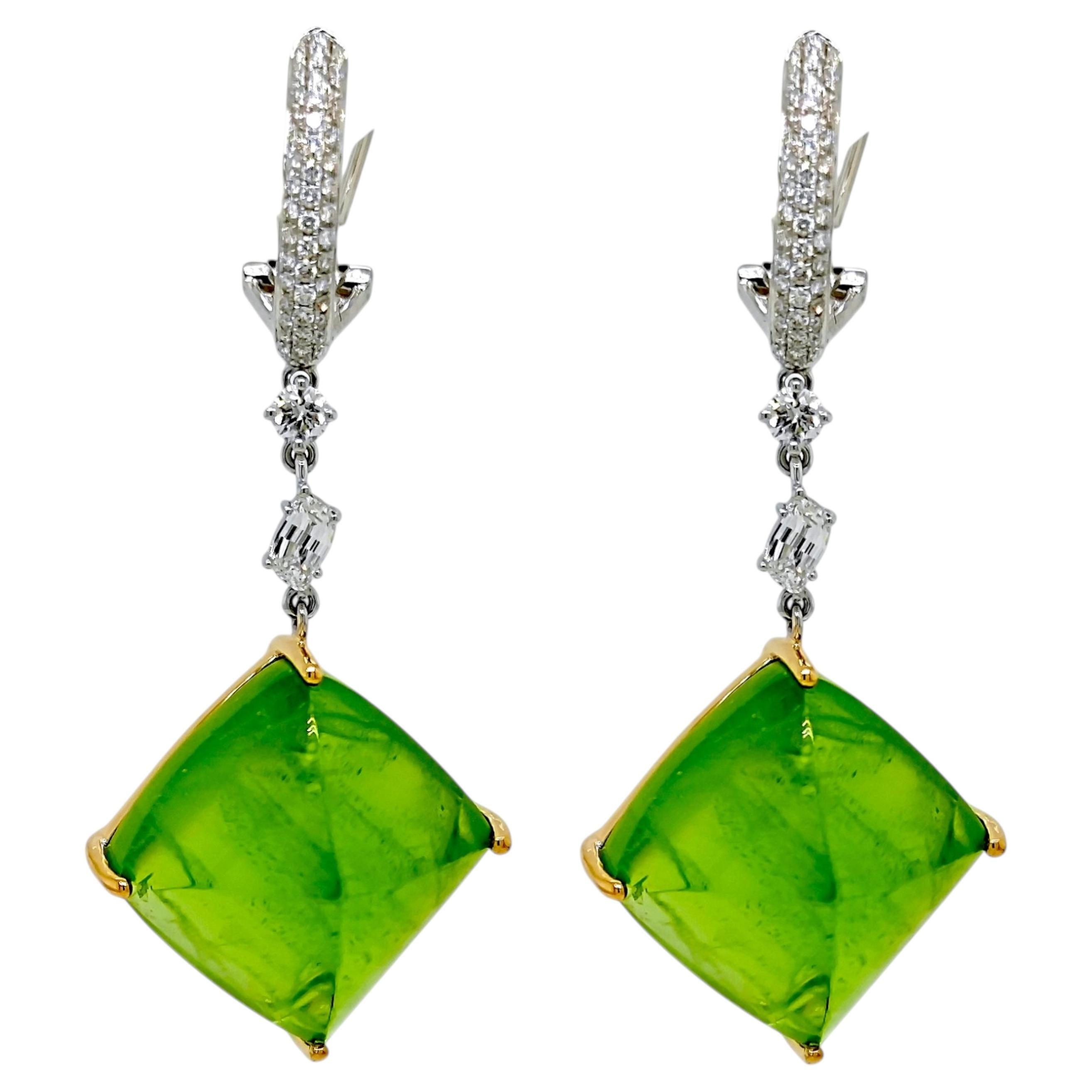 63.37 Carat Peridot Fancy and Round Diamond Yellow and White Gold Earrings