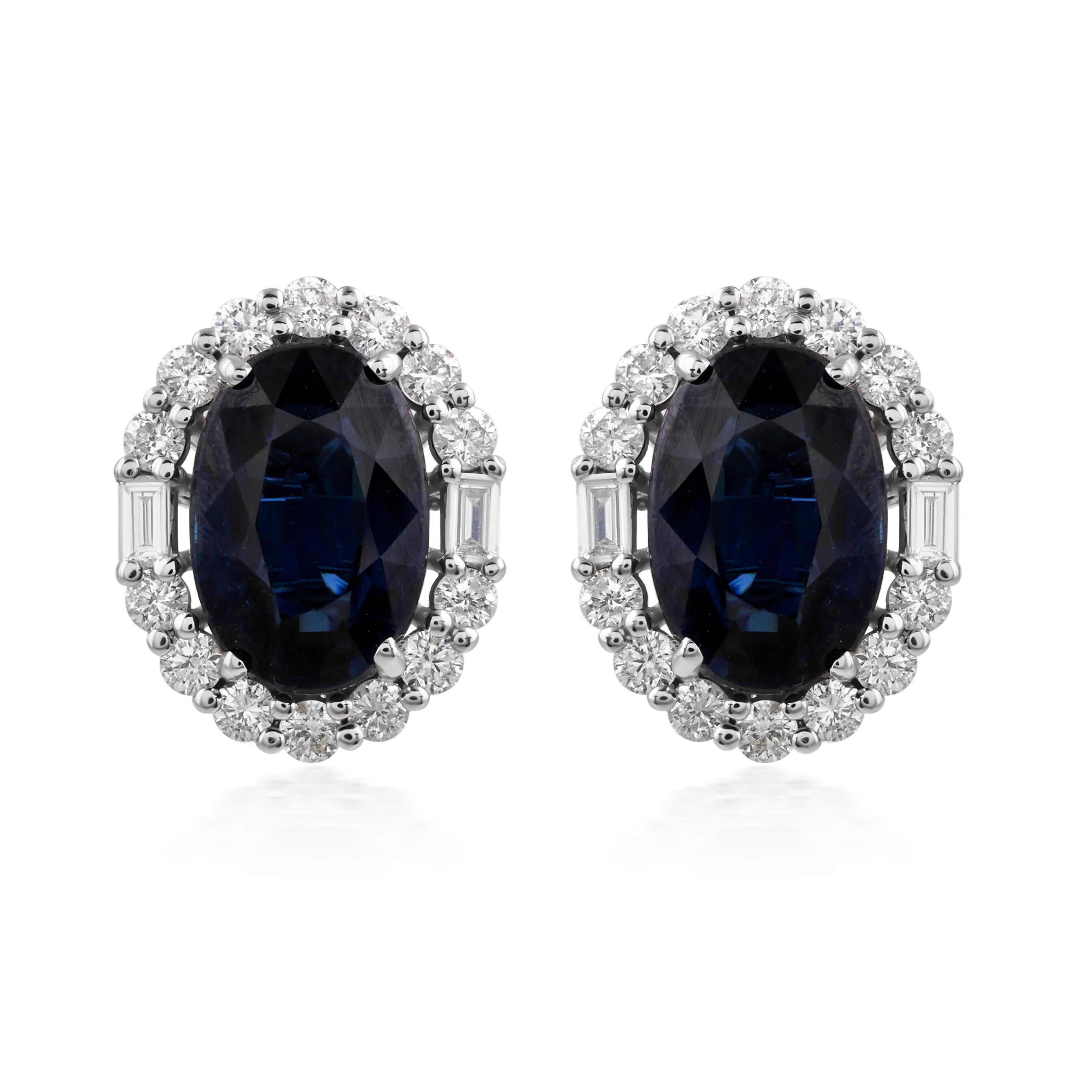 6.33Ct Blue Sapphire September Gemstone Diamond Halo 18k Gold Stud Earrings For Sale