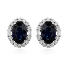 6.33Ct Blue Sapphire September Gemstone Diamond Halo 18k Gold Stud Earrings