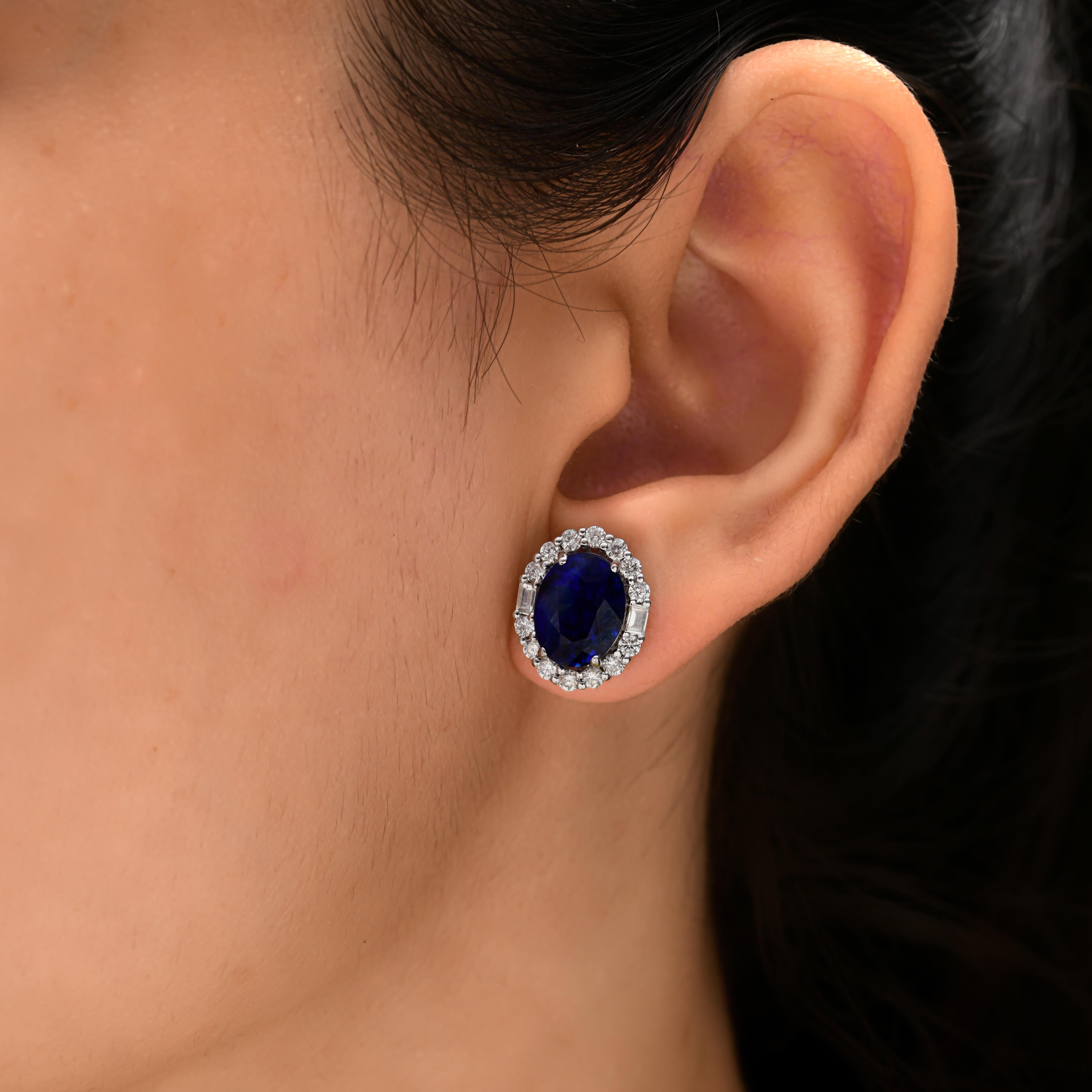 Cast from 18-karat gold, these exquisite earrings are handset with 6.33 carats of blue sapphire and 0.86 carats of sparkling diamonds. Blue Sapphire is a September birthstone and is believed to enhance mental clarity and communication skills. A