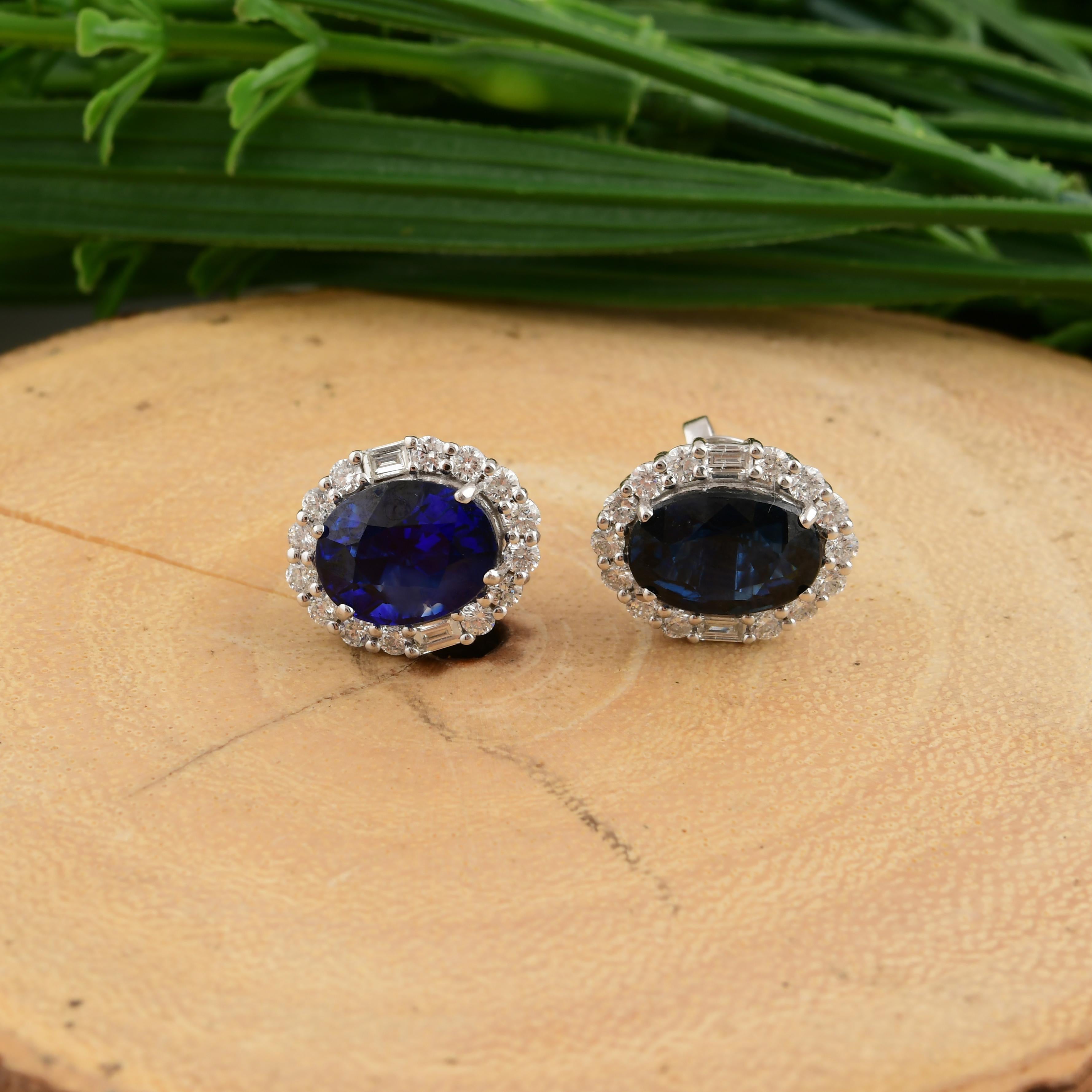 Women's 6.33cts Genuine Blue Sapphire 0.86cts Diamond Halo 18k Gold Stud Earrings For Sale