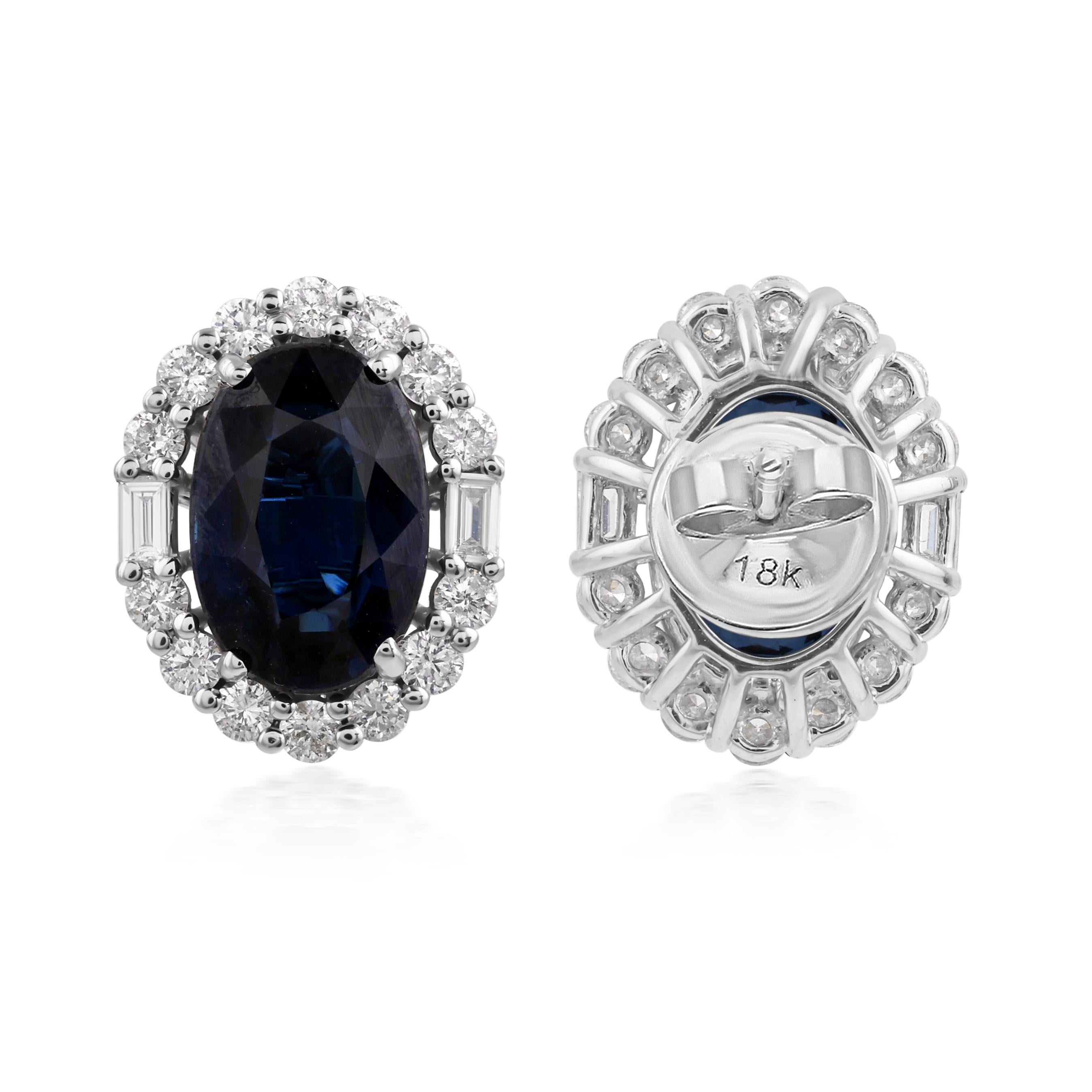 6.33cts Genuine Blue Sapphire 0.86cts Diamond Halo 18k Gold Stud Earrings For Sale 2