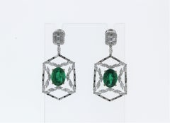 6.33CTW Green Emerald and 3.06CTW Diamond Earrings in 18K White Gold