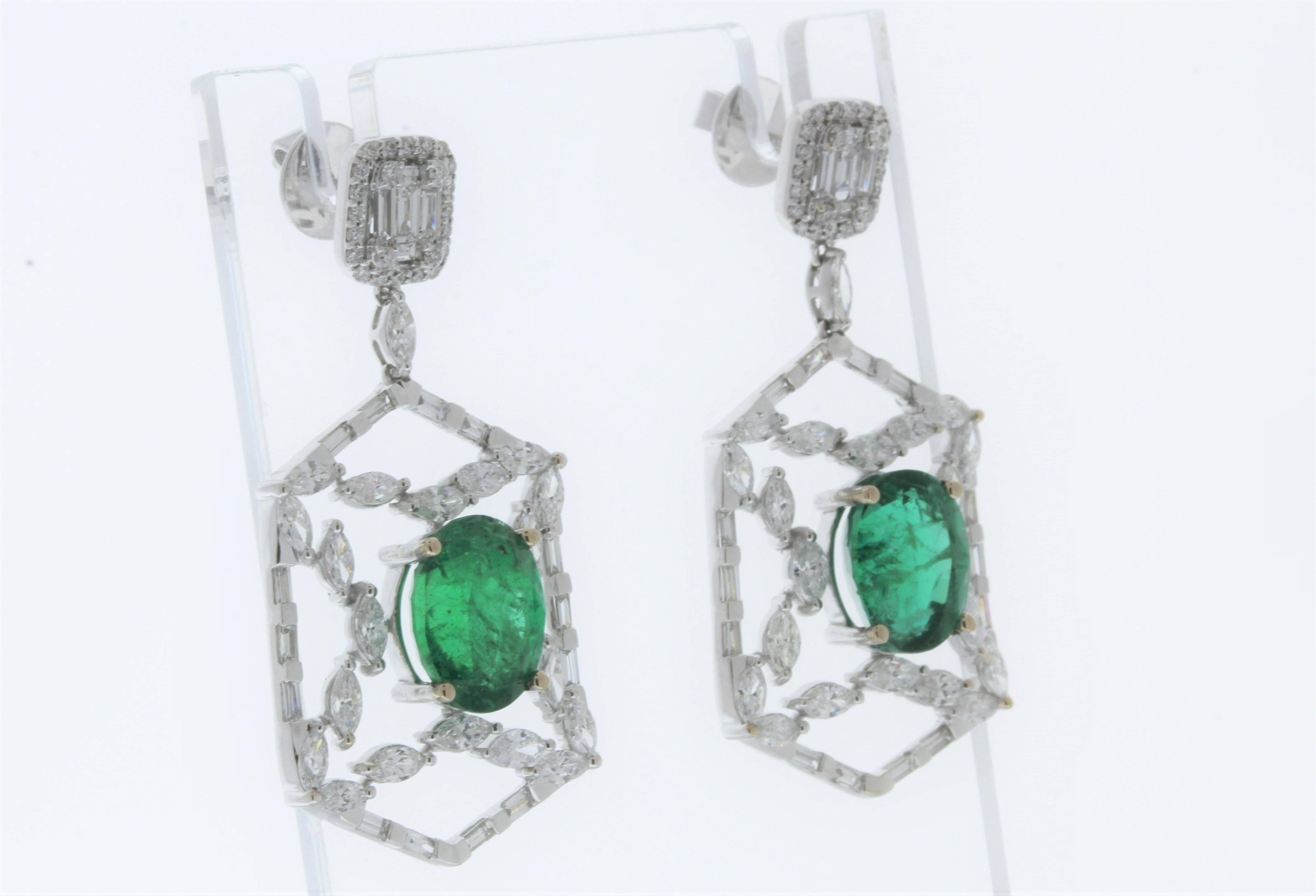 Cushion Cut 6.33CTW Green Emerald and 3.06CTW Diamond Earrings in 18K White Gold For Sale