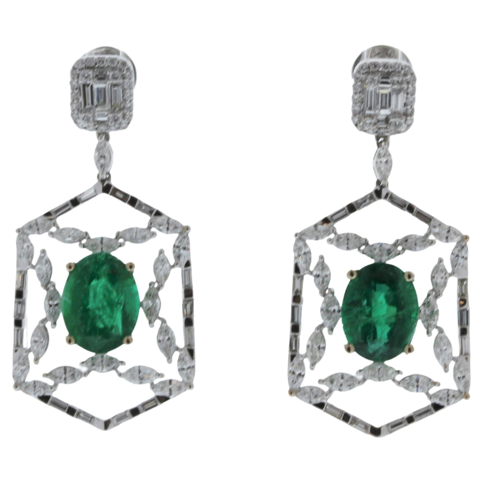 6.33CTW Green Emerald and 3.06CTW Diamond Earrings in 18K White Gold For Sale