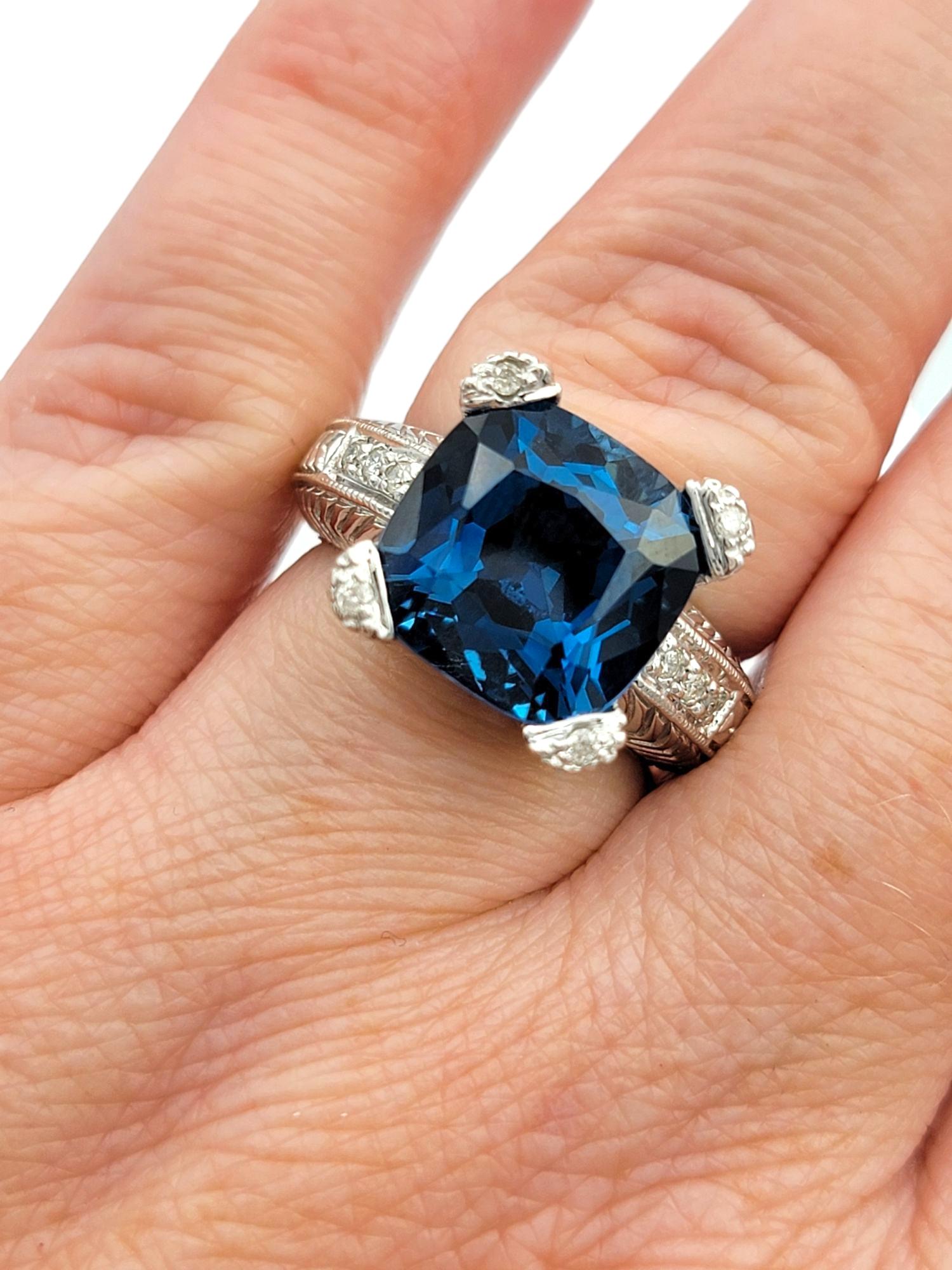 Anillo de cóctel con topacio azul talla cojín de 6,34 quilates y diamantes en oro de 14 quilates en venta 5