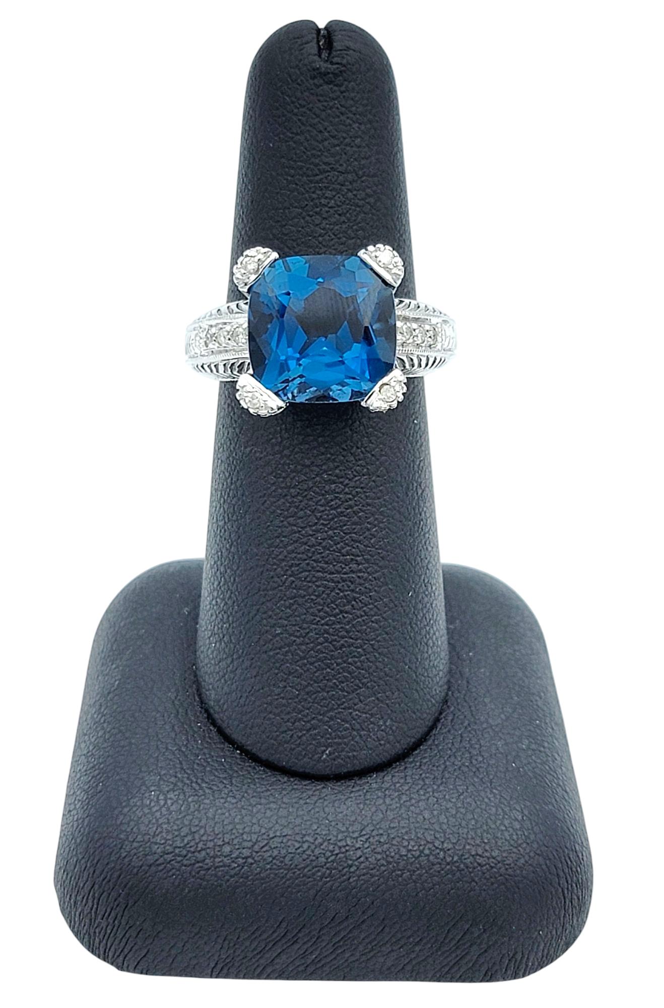 Anillo de cóctel con topacio azul talla cojín de 6,34 quilates y diamantes en oro de 14 quilates en venta 6