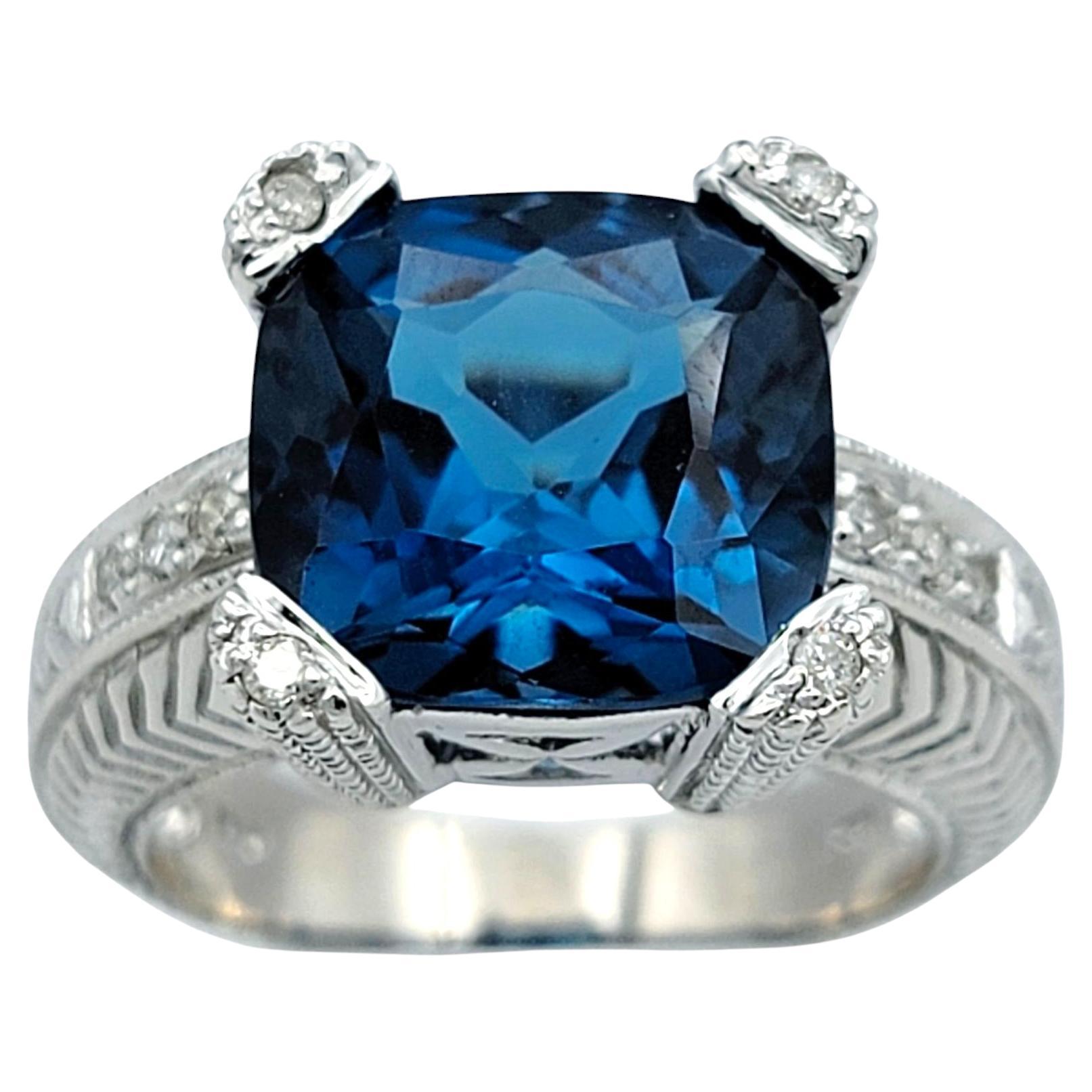 6.34 Carat Cushion Cut Blue Topaz Cocktail Ring with Diamonds in 14 Karat Gold