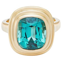 6.34 Carat Cushion Cut Blue Tourmaline 18 Karat Yellow Gold Athena Ring