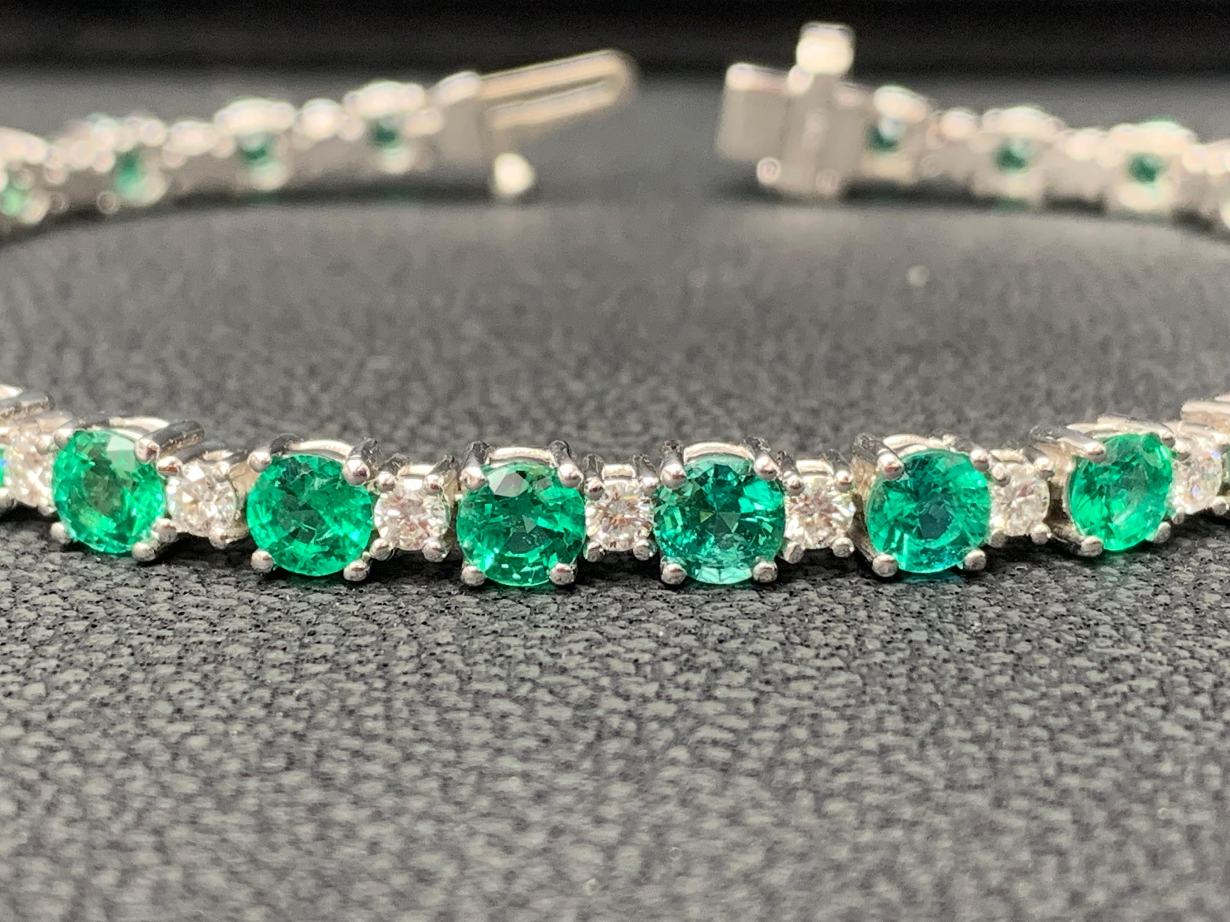 6.34 Carat Green Emerald and Diamond Tennis Bracelet in 14K White Gold For Sale 6