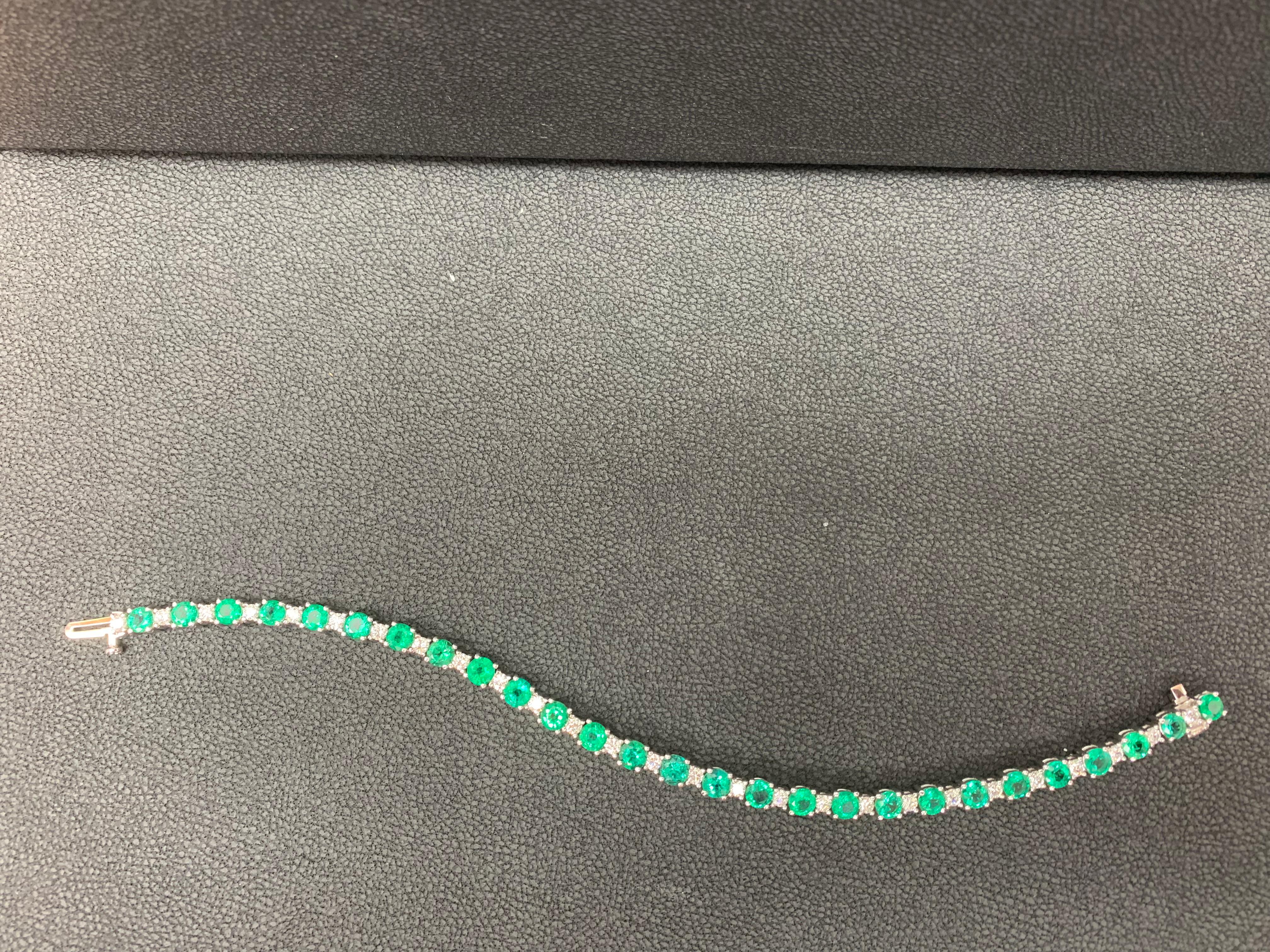 6.34 Carat Green Emerald and Diamond Tennis Bracelet in 14K White Gold For Sale 9