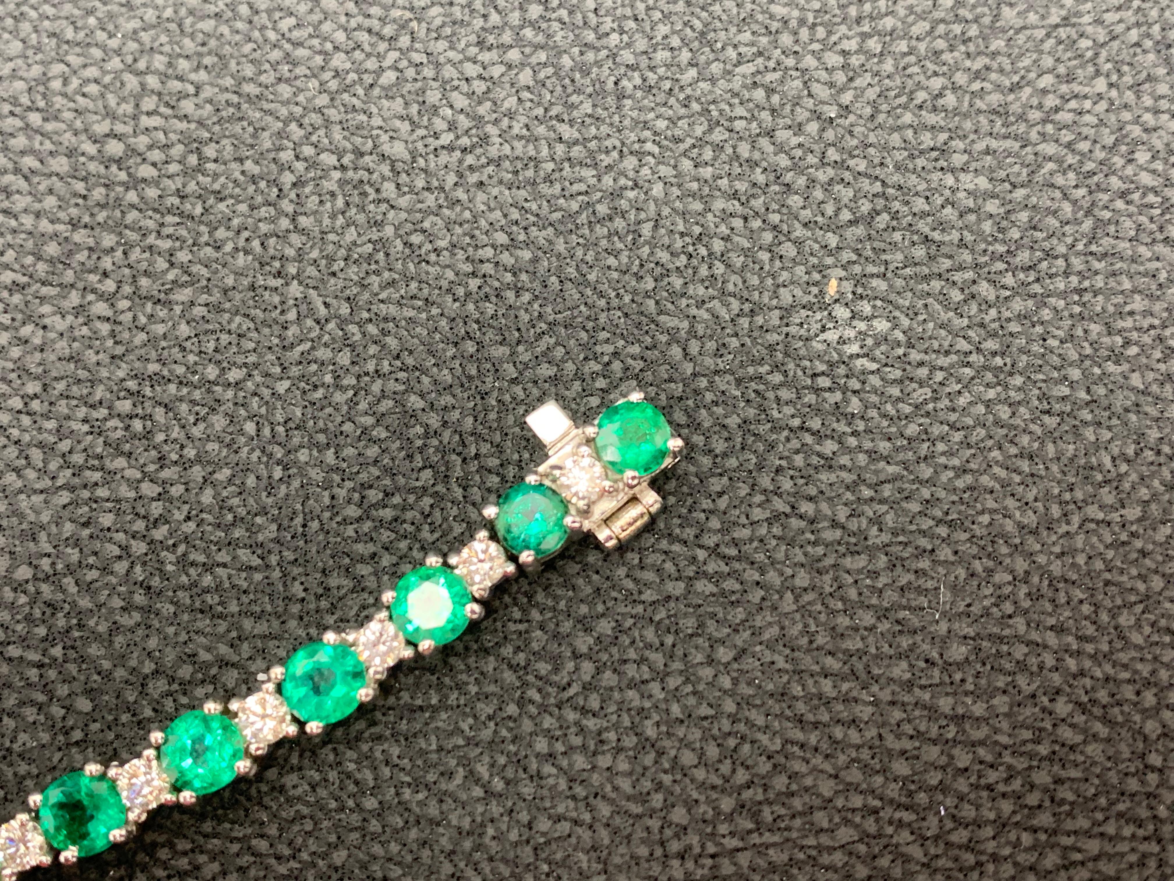6.34 Carat Green Emerald and Diamond Tennis Bracelet in 14K White Gold For Sale 11