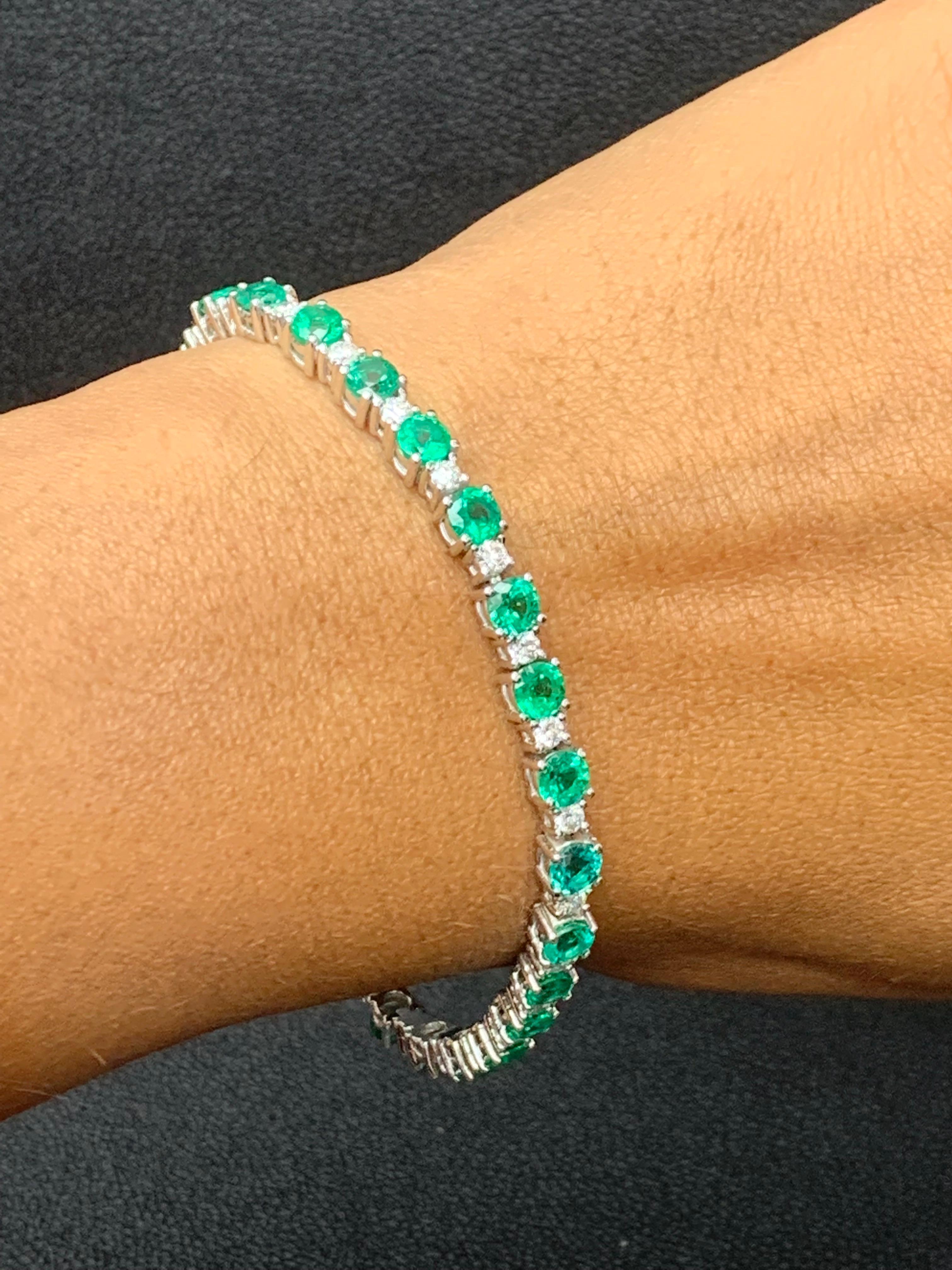 Women's 6.34 Carat Green Emerald and Diamond Tennis Bracelet in 14K White Gold For Sale