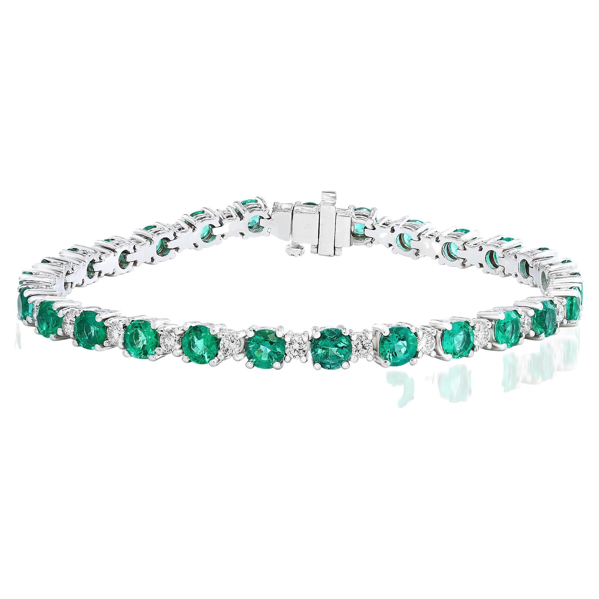 6.34 Carat Green Emerald and Diamond Tennis Bracelet in 14K White Gold For Sale