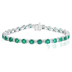 Bracelet tennis en or blanc 14 carats avec diamants et émeraudes vertes de 6,34 carats