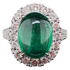 6.34 Carat GRS Certified Natural Zambian Cabochon Emerald and White Diamond Ring 6.34 Carat GRS Certified Natural Zambian Cabochon Emerald and White Diamond Ring