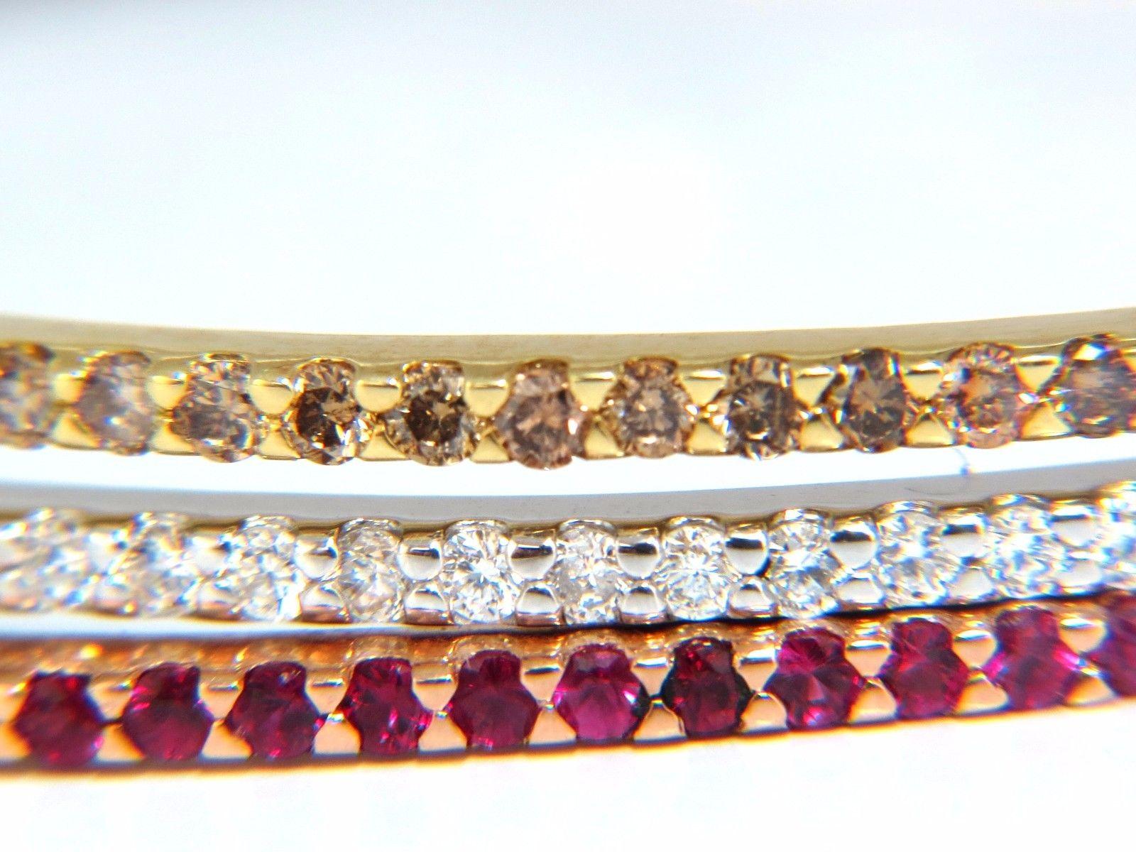 Women's or Men's 6.34 Carat Natural Fancy Brown White Diamonds and Ruby Stacking Bangle Bracelets