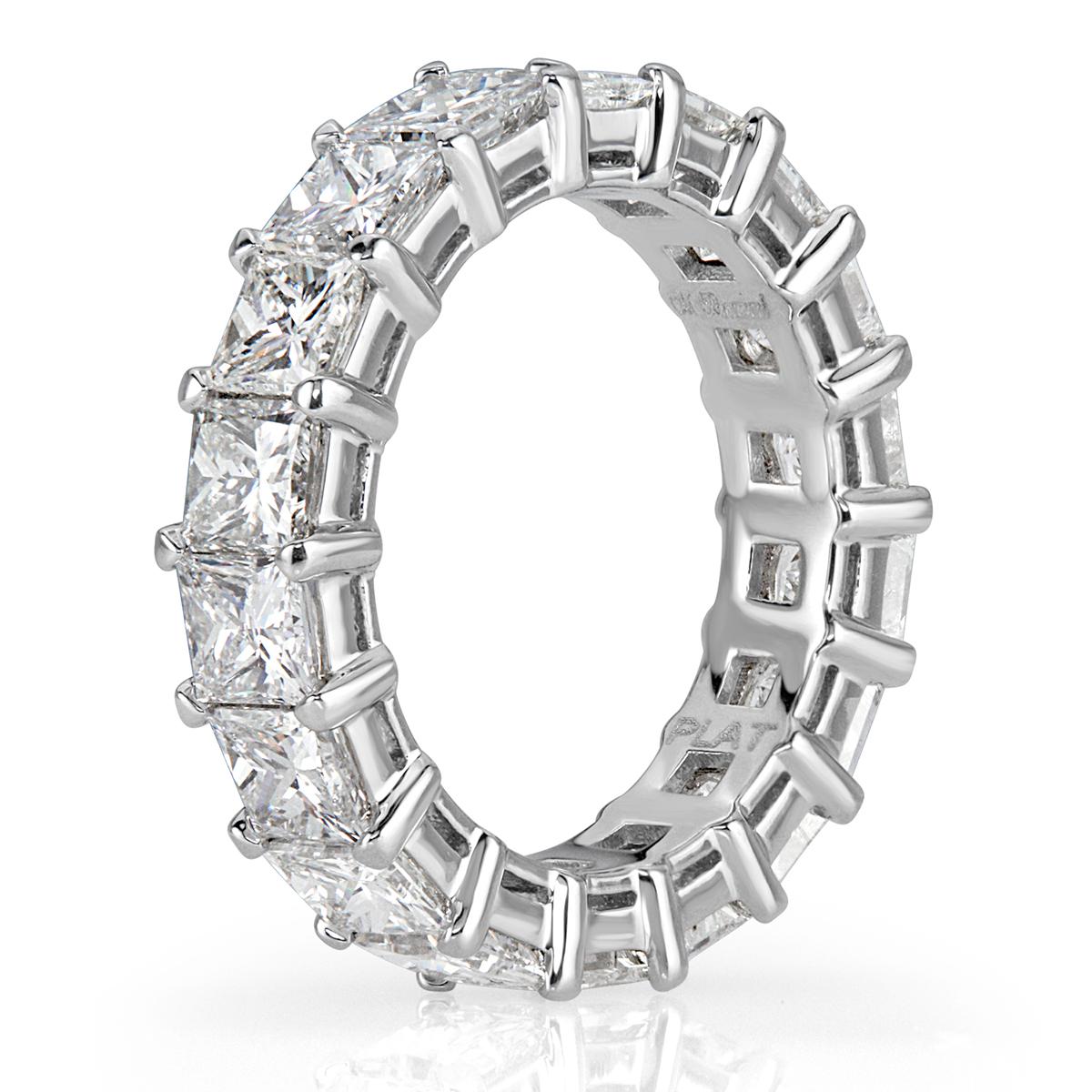 This beautiful diamond eternity band showcases 6.34ct of perfectly matched princess cut diamonds hand set in 18k white gold. The diamonds are graded at E-F, VS1-VS2. All eternity bands are shown in a size 6.5. We custom craft each eternity band and