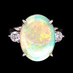 6.34 Carat White Opal and Diamond Platinum Cocktail Ring Fine Estate Jewelry