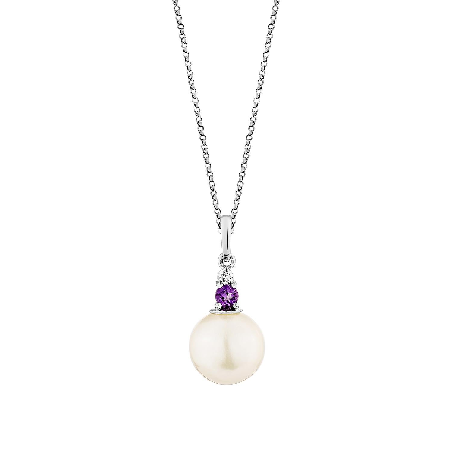 Presented A lovely White pearl and Amethyst pendant is perfect for people who value quality and want to wear it to any occasion or celebration. The White gold White pearl pendant adorned with Amethyst and White diamond offer a classic yet elegant