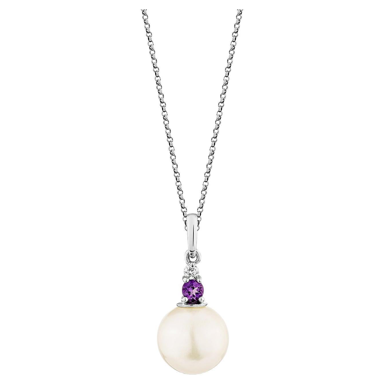 6.34 Carat White Pearl Pendant in 14KWG with Amethyst and White Diamond. For Sale
