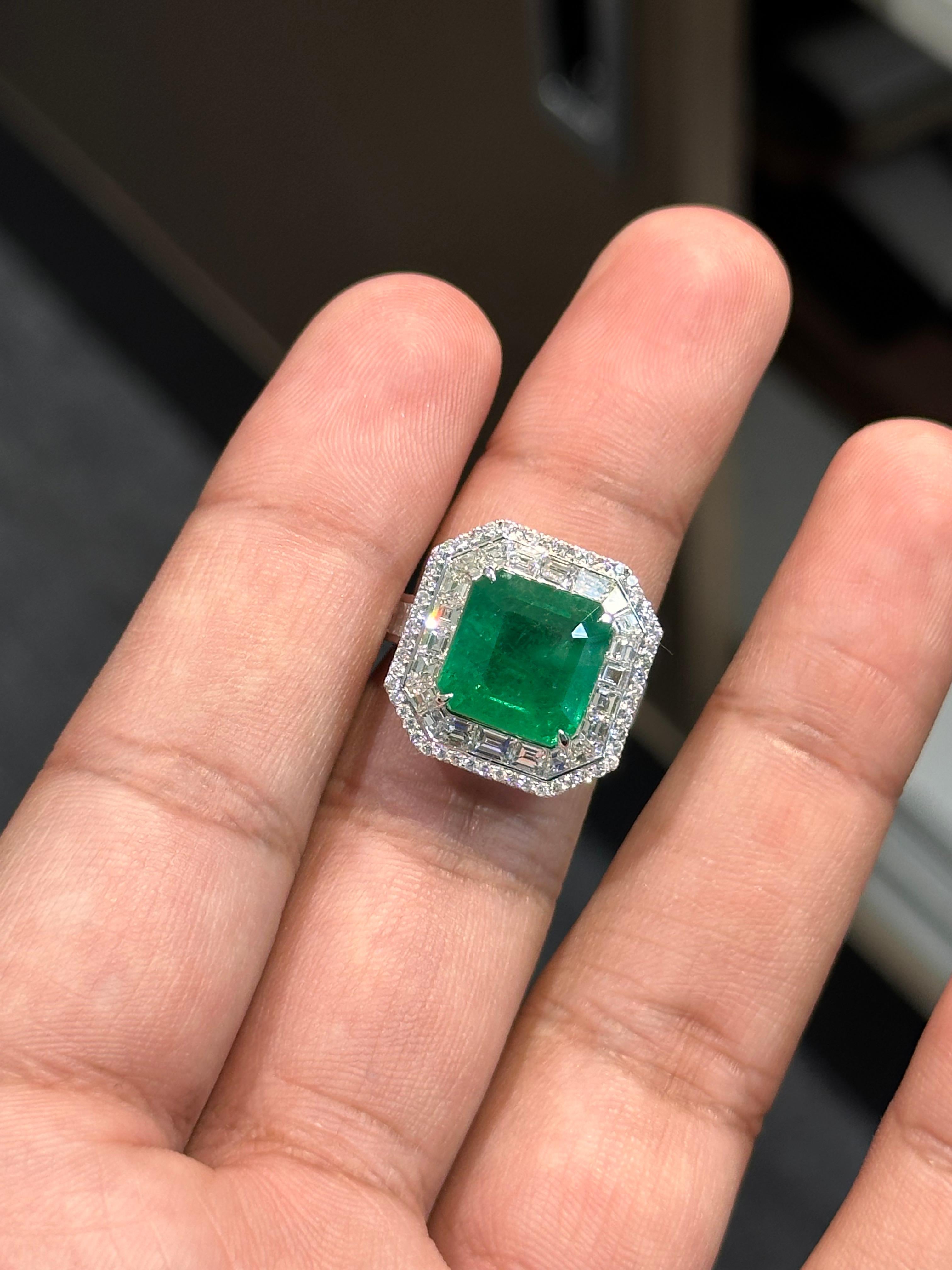 Art Deco 6.34 Carat Zambian Emerald Studded Classic Diamond Ring For Sale