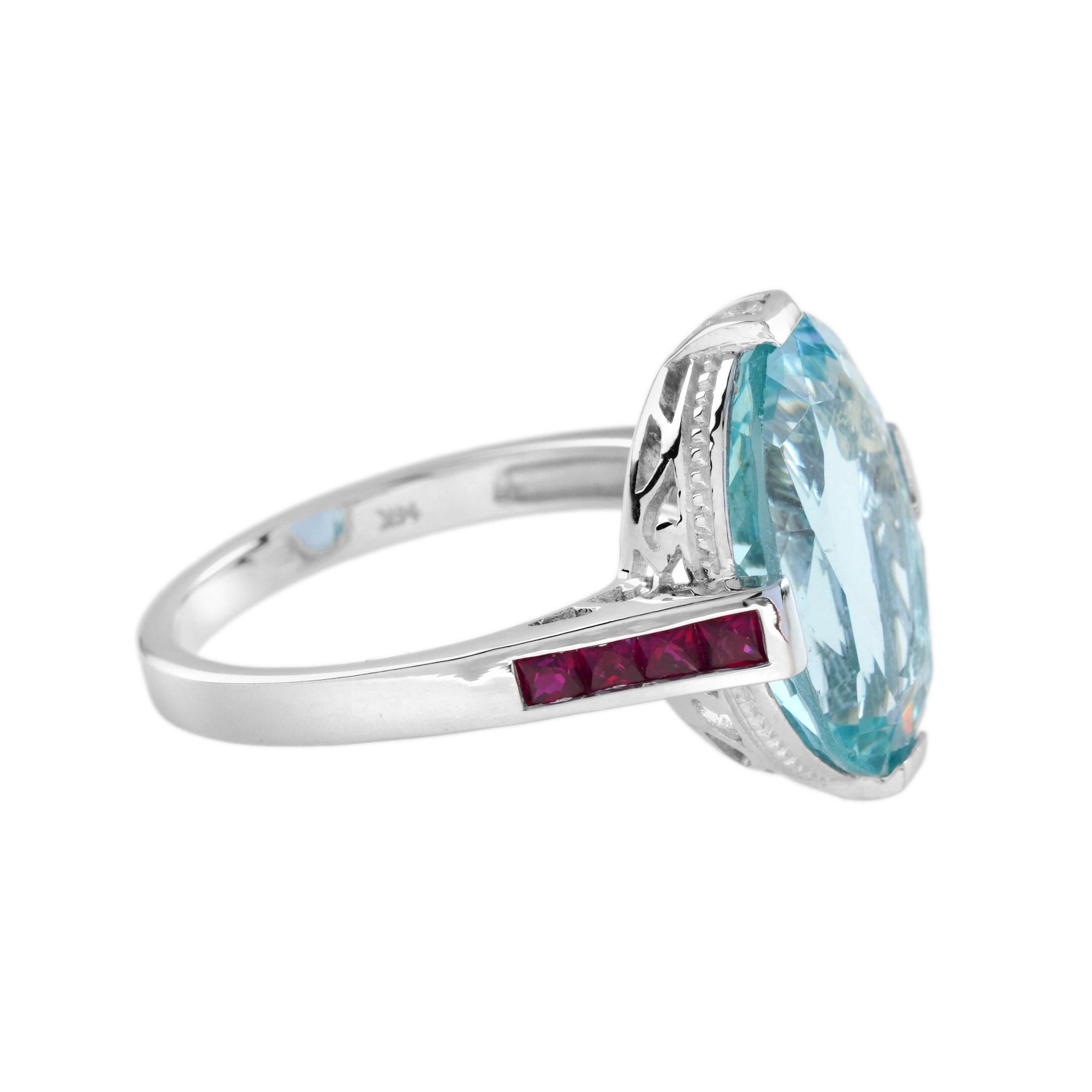 6.34 Ct. Aquamarine and Ruby Antique Design Cocktail Ring in 14K White Gold In New Condition For Sale In Bangkok, TH