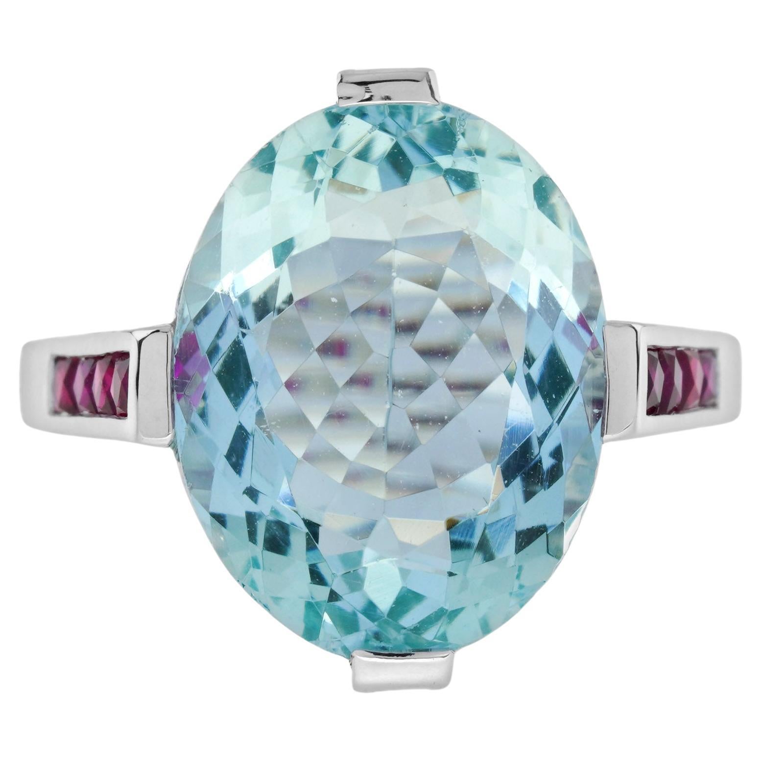 6.34 Ct. Aquamarine and Ruby Antique Design Cocktail Ring in 14K White Gold For Sale