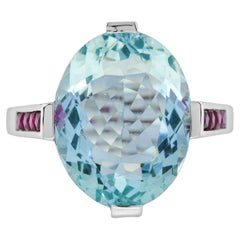 6.34 Ct. Aquamarine and Ruby Antique Design Cocktail Ring in 14K White Gold