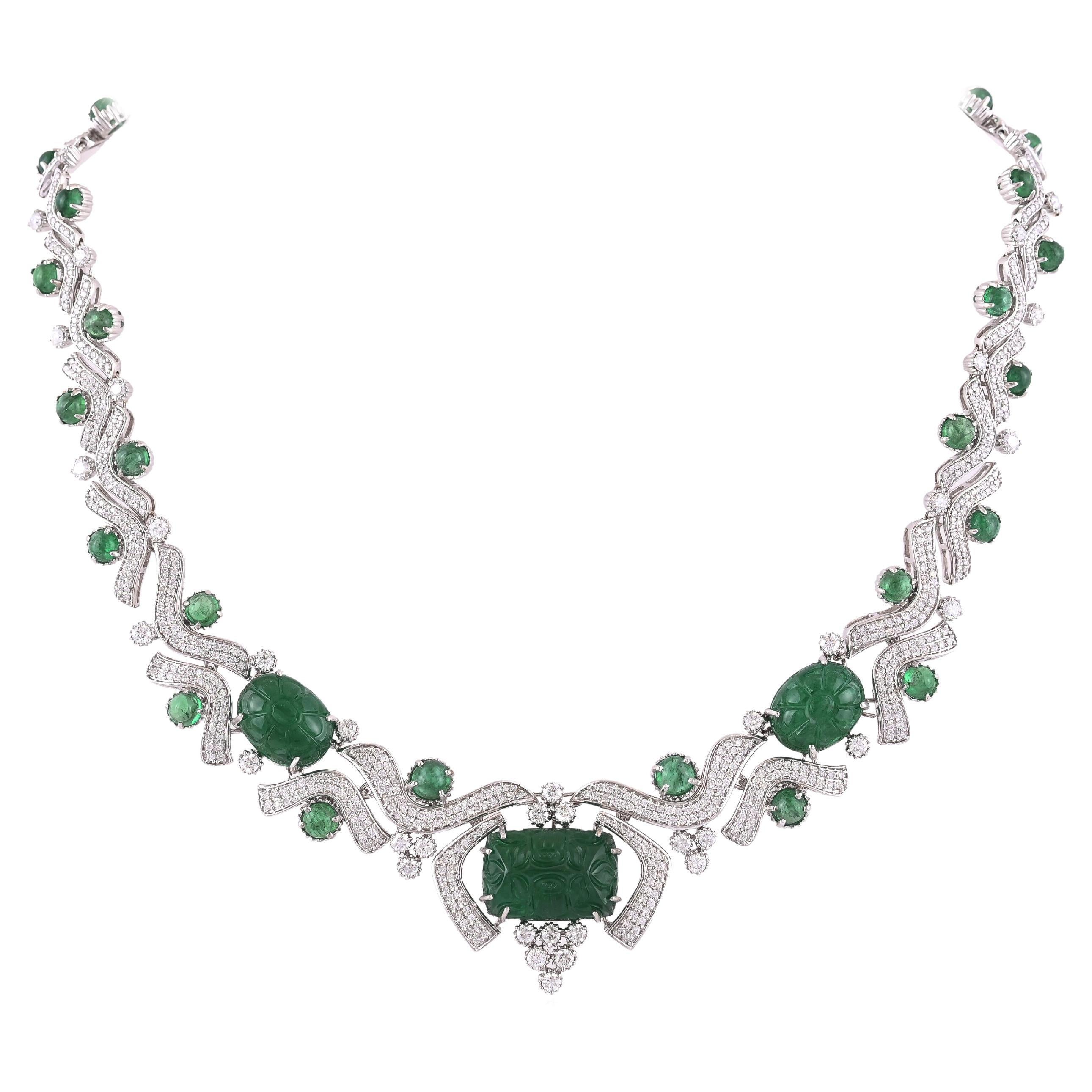 63.42 Carats, Natural, Carved Zambian Emeralds and 8.11 Carats Diamonds ...