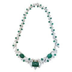 63.42 Carats, Natural, Carved Zambian Emeralds & 8.11 Carats Diamonds Necklace