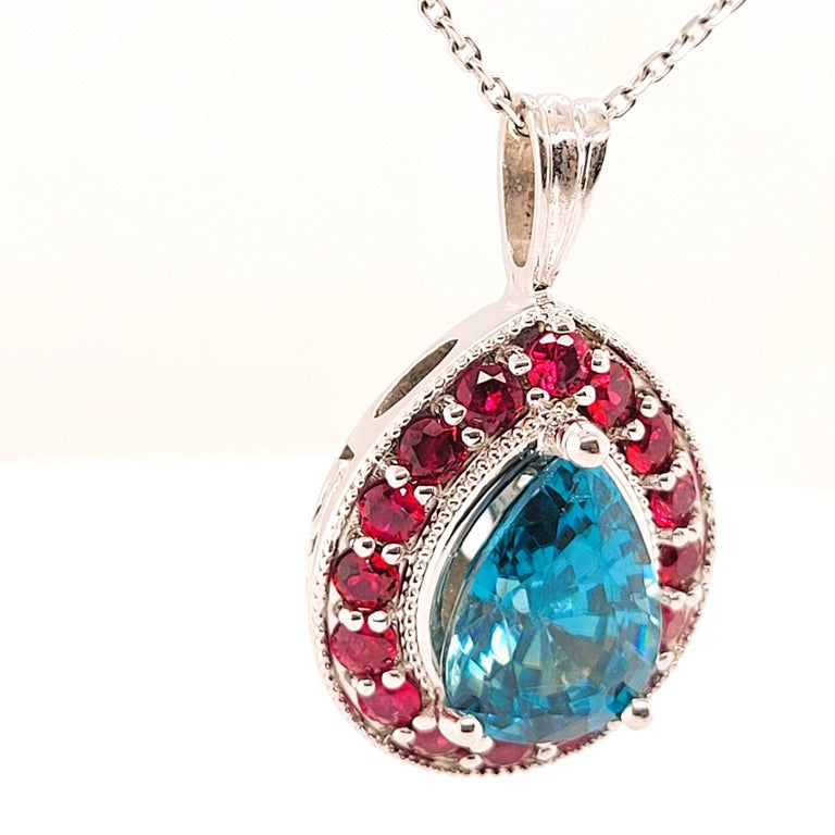 6.34cttw Ocean Blue Cambodian Zircon and Burma Ruby Pendant 14kt White ...